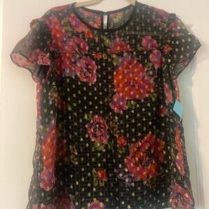 Floral Sheer Blouse with Black and Red Accents